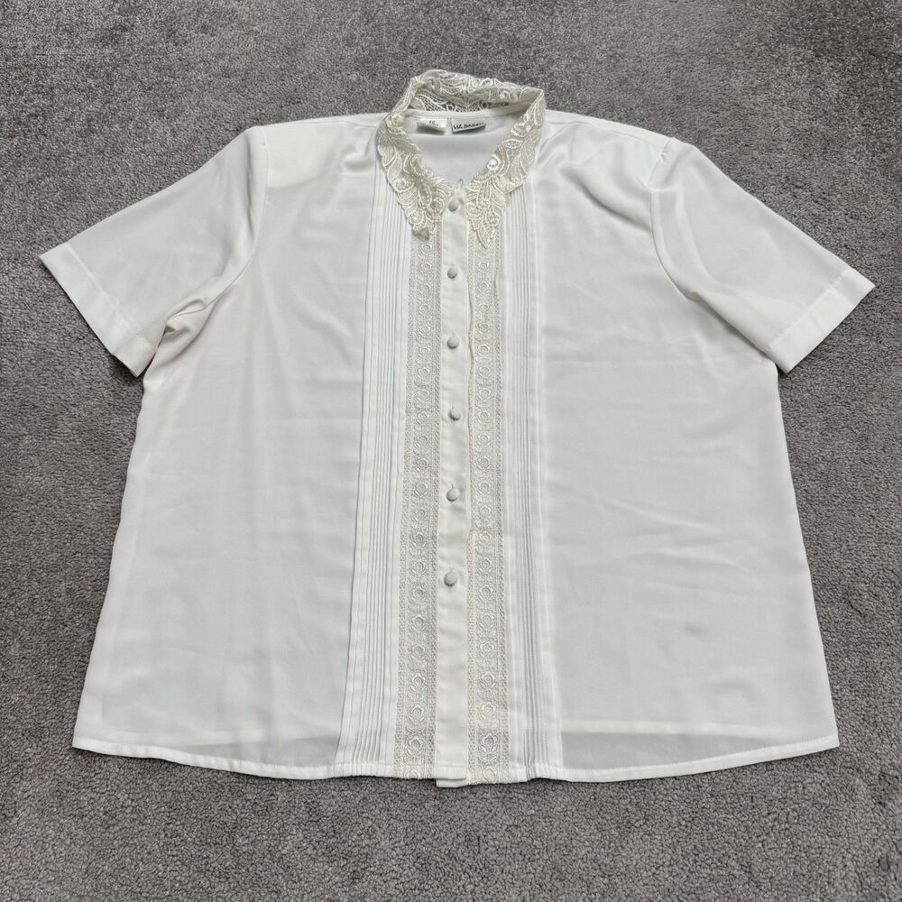 Vintage Liz Baker Essentials Lace Collar Pearl Button Down Shirt Women 16 Blouse